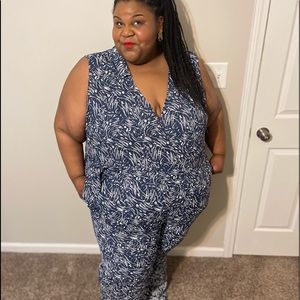 Blue and white floral jumpsuit